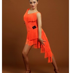 Neon orange black tassels women's female fringes sleeveless round neck competition performance latin salsa samba dance dresses outfits for ladies